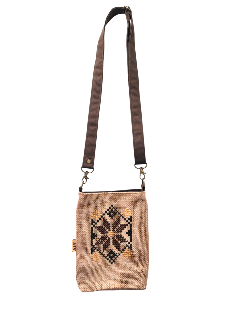 Pochette bandoulière jute broderie Marron ASY